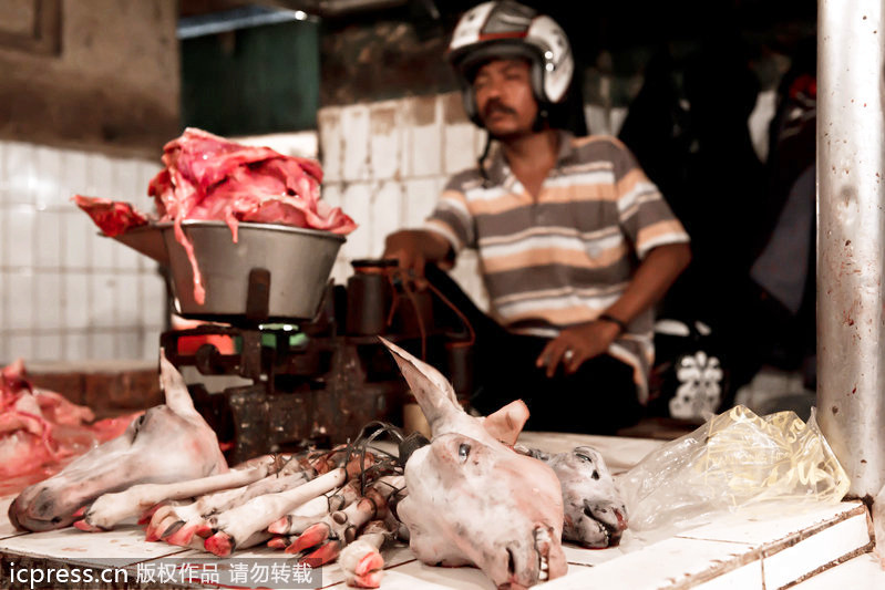 Un hombre vendía carne y la cabeza de oveja con un casco 一名男子戴着头盔售卖肉和羊头。